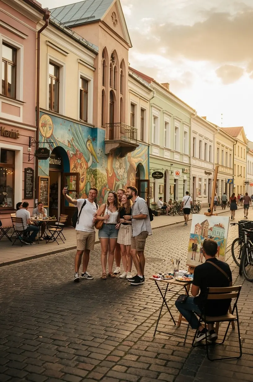 Regioninis autobusas važiuoja per žaliuojančią Lietuvos kaimo vietovę, skatinantis beautomobilinį turizmą.